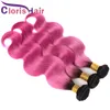 Two Tone Peruvian Virgin Body Wave Hair Weaves 1B Pink Ombre Human Hair 3 Bundles Best Selling Dark Roots Rose Pink Colored Hair Extensions