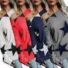 Wiosna Kobiety Slash Neck Loose T-shirt Pięć gwiazdek Drukowane High Street Bawełna Top Tee Długie Rękawy Odzież