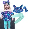 Moda Bambini Neonata Dinosauro Spalle scoperte Pantaloni Fascia 3 pezzi Set Abiti Blu Abbigliamento per bambini Abbigliamento per bambini 6M-5Y