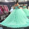 Schulterfreies, neu eingetroffenes, mintgrünes Tüll-Ballkleid-Hochzeitskleid mit handgemachten Blumen, bauschiges Brautkleid, Quinceanera-Kleid