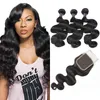 Ishow Peruvian Human Hair Weave 3 Bundles With Lace Closure Virgin Hair Extensions 10A Brazilian Body Wave Wefts for Women Girls Natural Color 8-28inch