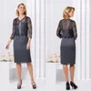 Grey Two Pieces Mother Of The Bride Dresses With Jackets Plus Size Elegant Knee Length Lace Madre De Los Vestidos De Novia