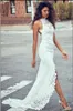 Sexy Sheath Beach Wedding Dress Halter Neckline Fitted Side Split Open Back Court Train Ivory Color Full Lace Bridal Gowns