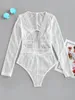 20187 Azulina Sexy Cut Out Dubbel Sheer Lange Mouw Bodysuit See-Thru Kant Dames Rompertjes Zomer Herfst Solid Jumpsuits Dames Overalls