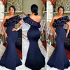 Elegant Satin Mermaid Navy Blue Evening Dresses Plus Size Ruffle Arabic African Long Prom Party Gown Muslim Women Gowns Formal Wear