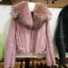 럭셔리 천연 메리노 양 가죽 가죽 모피 깎아 낸 코트 큰 너구리 칼라가있는 정품 모피 자켓 여성 의류