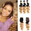 Ombre Feixes de Cabelo Humano com Fechamento de Dois Tons 1B / 27 # Onda Do Corpo Brasileiro Extensões de Cabelo Humano com 4 * 4 Fechamento de Renda para as mulheres negras