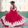 Müslüman Uzun Kollu Dantel Quinceanera Elbiseler 2018 Yüksek Boyun Tül Dantel Aplike Tatlı 16 Parti Balo Prenses Abiye giyim Lace Up Geri