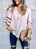 Nya Kvinnor Sommar Loose V Neck Tops Ladies Mesh Stitching 3/4 Ärm Casual Holiday Blouse Shirt Kvinna Blusas Tunika T Shirts Tops