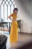 Amarelo duas peças vestidos de baile apliques de renda curto top com cetim saia longa elegante mangas curtas vestido de noite mulheres vestidos de festa