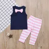 2018 Yaz Kız Giyim Setleri Bebek Kız Kıyafetler Çocuklar Tank Top Mektuplar Baskılı T Gömlek + Pembe Çizgili Pantolon 2 adet Set Çocuk Giysileri