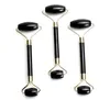 Natural Black Obsidian Carved Reiki Crystal Healing Gua Sha Beauty Roller Facial Massor Stick with Alloy Gold-Plated