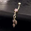 Ny mode vintage charm kristall blomma dangle zircon navel belly knapp ring guldpläterade löv för tjej gåva för kvinnor smycken