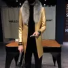 Herrgravrockar 2018 Mens Long Leather Black Coat Bourgogne Erkek Palto Fur Collar Gold Men Overcoats Slim Fitxssd