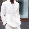 White Linen Man Suits With Double Breasted Blazer Short Pants Two Piece Summer Casual Style Male Jacket Wedding Groom Tuxedos3549731