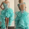 2019 Blue and white Prom Dress Illusion Crew Neckline Organza Lace Appliques/Ruffle/Beads Sheer Back High Front and Low Back Evening Dresses