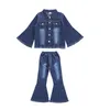 New Fashion Big Girls Sets Denim Kids Clothing Spring Autumn 2 pcs/lot Flare Sleeve Top + Flare Jeans Children Outfits