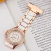 Fashion Crystal Rose Gold Clip-on Pocket Watch Analog Brooch Elegant Steel Women Men Quartz Luxury Nurses Watch FOB Gifts211S