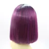 Vente de perruques synthétiques à bob courte droite Roots noirs résistants à la chaleur ombre Purple en dentelle synthétique perruques avant pour femmes noires1012416