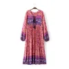 Boho robe Chic imprimé Floral coton Maxi Dess col en v à manches longues gland femmes robes 2017 automne bohême Femme robes