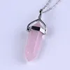 Commercio all'ingrosso libero di trasporto 10pcs fascino argento placcato naturale quarzo rosa pietra esagono forma collana pendente guarigione chakra con una catena