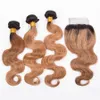 Body Wave Honey Blonde Tissage de cheveux humains avec dentelle Clsoure 2 tons Dark Root 1b 27 Bundles de cheveux blonds avec fermeture à lacet