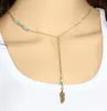 Estilo caliente estilo bohemio europeo y americano vintage hecho a mano con cuentas turquesa elegante simple metal pluma borla collar corto clásico