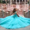 2018 Blue Ball Gown Quinceanera Klänningar 2018 Lace Appliques Beaded Sweet 16 Long Prom Dresses Custom Gjorda Aftonklänningar Formell QQ19