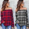 Femmes dames coton épaules dénudées Blouses haut tartan chemises à manches longues Blouse décontractée chemises lâches printemps rouge noir vêtements