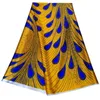 직물 5 마당/PC 아름다운 파란색 쉬폰 실크 패브릭 인쇄 노란색 깃털 패턴 아프리카 매끄러운 레이온 레이스 드레스 LBS35
