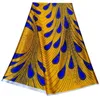 Tissu 5Yards/pièce, beau tissu en mousseline de soie bleu imprimé, motif de plumes jaunes, dentelle de rayonne lisse africaine pour robe LBS35