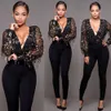 High Fashion Shinny Romper Mujeres Jumpsuit V Cuello Negro Flyny Overly for Lechin Playsuit S9652