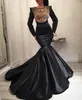 Glamorous Black Mermaid Prom Dresses Golden Apple Crystal Jewel-Neck Z Długim Rękawem Satin Mermaid Party Sukienka Urocze Saudyjskie Suknie Wieczorowe
