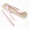 New Design Portable Wheat Straw Spoon Fork Chopsticks Set Tableware Eco-friendly 4 Colors Reusable Wheat Straw Travel Camping Cutlery Set