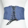 Kvinnor Vintage Wide Waist Belts PU Läder och Cowboy Fabric Girdle With Bow Tie Bandage Elastic Band