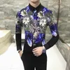 الفاخرة طباعة قميص الرجال العلامة التجارية الجديدة الكورية سليم صالح عارضة رجل الأزهار القمصان طويلة الأكمام ليلة نادي حزب اللباس سهرة قميص الذكور