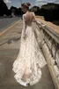 Una linea Boho Abiti da sposa Gioiello Collo Manica lunga Illusion Backless Sweep Train Beach Abiti da sposa Economici Abito da sposa champagne Personalizzato