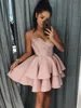 Fashion Spaghetti Straps Homecoming Dresses Sexy Dusty Pink Lace Applique Sleeveless Tiered Prom Dresses Attractive Club Wear Cocktail Dress