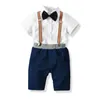 Европа лето мальчики набор галстук-бабочка дети хлопок рубашка + Подтяжк шорты мальчик 2 шт. одежда костюм дети наряды W163