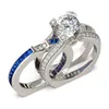 Mode 925 Sterling Silver Princess-Cut Blue Sapphire Diamond Cz Ädelsten Ringar Set Engagement Bröllop Brud Band Ringar Finger för kvinnor