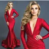 Sexy Red V Neck Long Sleeves Mermaid Evening Dresses Ruched Sweep Train Formal Prom Party Dresses