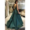 2019 Clássico Sexy Backless Vestidos de Baile com Vestidos de Festa Frisada Verde Escuro Gracioso Cetim Vestidos de Noite Bateau Vestidos de Noite Personalizar