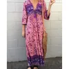 Boho robe Chic imprimé Floral coton Maxi Dess col en v à manches longues gland femmes robes 2017 automne bohême Femme robes