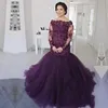 Purple Evening Gowns Mermaid Off Shoulder Long Sleeve Sweep Train Prom Dresses With Lace Beads Tulle Formal Party Prom Gowns DH4182