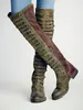 Hochwertige Rom -Vintage -Schuhe Herumn Winter Round Toe Long Stiefel Patchwork schwarz dunkelgrüner Leder Casual Flat Knie High Boot357f