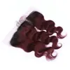 Paquets de cheveux humains péruviens ombrés rouge vin avec vague de corps frontale complète # 1B / 99J fermeture frontale en dentelle ombrée bordeaux 13x4 avec tissages