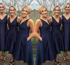 Navy Blue Bridesmaid Dresses Satin High Low custom Made V-Neck Simple Maid Of Honor Dresses Evening Party Gowns Formal Prom Dresses HY246