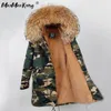 Großhandel - Fabrikgroßhandel rosa echter Damenpelzmantel Armeegrün Große Farbe Waschbärpelzparkas outwear langer Wintermantel mit Kunstfellfutter