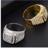 HIP Hop Bling Iced Out Square Crystal Ring Gold Color Stainless Steel Wedding Rings For Men Jewelry US Size 6-10