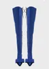 Ny vinterkvinna solid svart blå läder / jeans pekade tå båge slipsar konstiga klackar 70 mm spets upp över knä lår långa stövlar